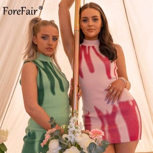 Forefair Y2K Knit Bodycon Dress Women Sleeveless 2021 Summer Beach Turtleneck Print Patchwork Sexy Party Mini Dresses 90S Holida
