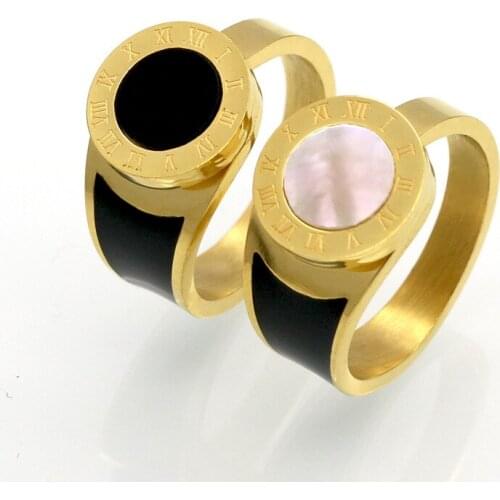 Classic Stainless Steel Fine Brand Jewelry Acrylic & Shell Roman Alphabet Rings Bridal Wedding Engagement Ring