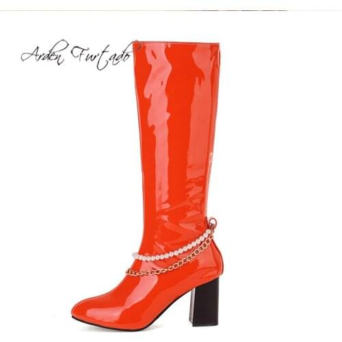 Arden Furtado 2021 Spring Autumn Winter Fashion White Yellow Green Chunky Heels Zipper Womens Shoes Sexy Knee High boots