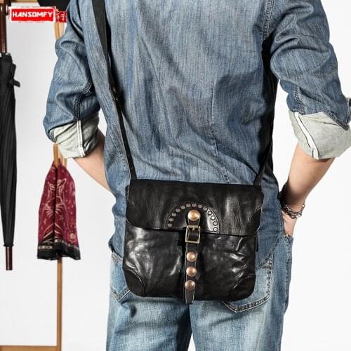 Retro Mens Shoulder Bag Crossbody Messenger Bag Diagonal Cross Head Layer Cowhide Small Personality Punk Wind Genuine Leather