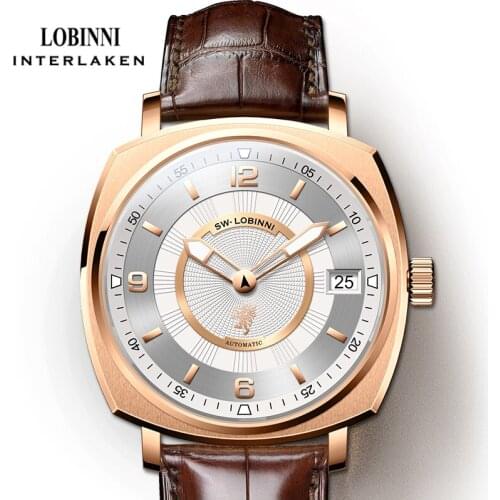 LOBINNI Square Design Rose Gold Case White Dial Brown Leather Strap Mens Mechanical Watches Top Brand Luxury Automatic Watch