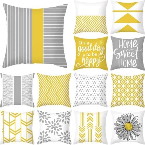 Yellow Grey Geometric Cushion Cover 45X45 Letter Striped Pattern Decorative Throw Pillows Nordic Style Polyester Pillowcase