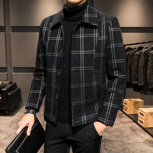 2021 Autumn Winter New Mens Plaid Wool Coat Jacket Male Slim Fit Cashmere Overcoats Outerwear Casual Slim Male Wool Coats E309