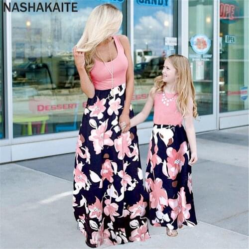 NASHAKAITE Mother And daughter Dress Summer Patchwork Floral Printed Long Dress Mommy And Daughter Matching Clothes Family Look