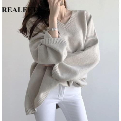 REALEFT Autumn Winter Solid V-Neck Warm Womens Knitted Pullover Sweater 2021 New Long Sleeve Casual Bottom Sweaters Female Tops