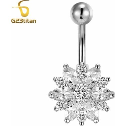 G23titan Rhinestone Flower Belly Button Ring Anti-allergic Body Jewelry Piercings Navel Rings Ombligo Bikini Women Girls Beach