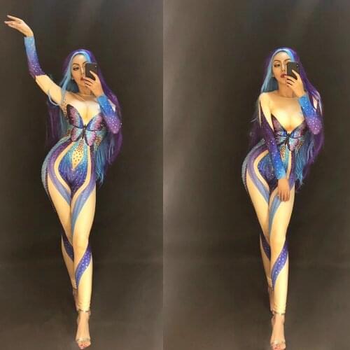 Sexy Butterfly Rhinestones Party Jumpsuit Long Sleeve Stretch Skinny Skin Color Bodysuit Women Club Dancer Rompers Stage Outfits