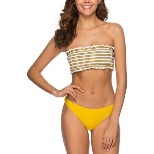 Sexy Swimwear Bikini Beach Thong Bikini 2020 Ruffled Strapless Swimsuit Two-piece Yellow Bathing Suit Off Shoulder Bikinis