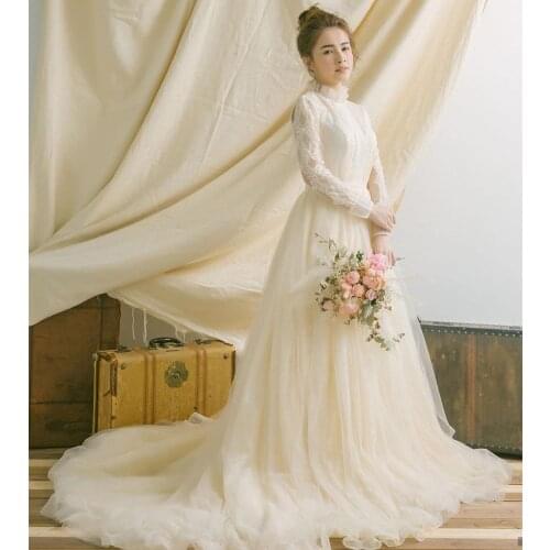 Wedding Dresses A-Line High Neck Full Sleeve Lace Appliques Floor Length Sweep Train Gorgeous Bride Gowns Custom Made New