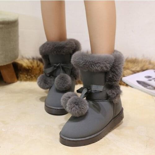 Warm Fur Women Snow Boots Cute Suede Winter Shoes Fur Ball Mid-Calf Boots Female Fashion Boots Non-Slip Snow Casual 785