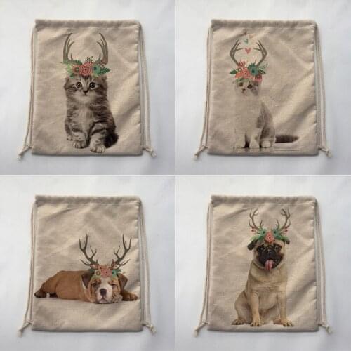 Cute dog and cat Print Custom Vintage Outdoor Beach Gym Swimming Clothing Shoes Storage Bag Drawstring Backpack