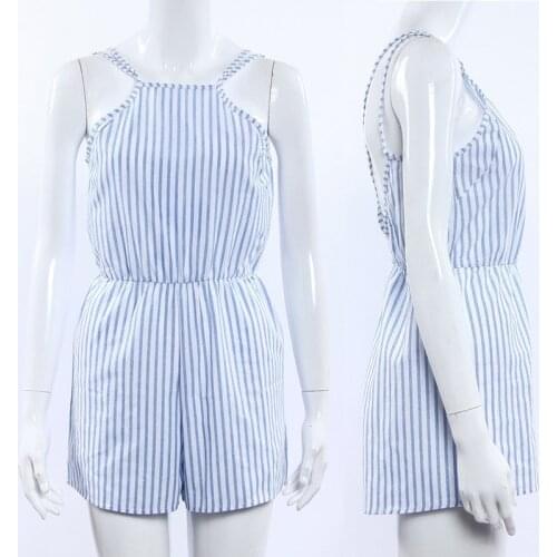 Newly Fashion Women Summer Beach Striped Jumpsuit Halter Backless Playsuit Bodycon Clubwear Party Shorts Overalls DOD886