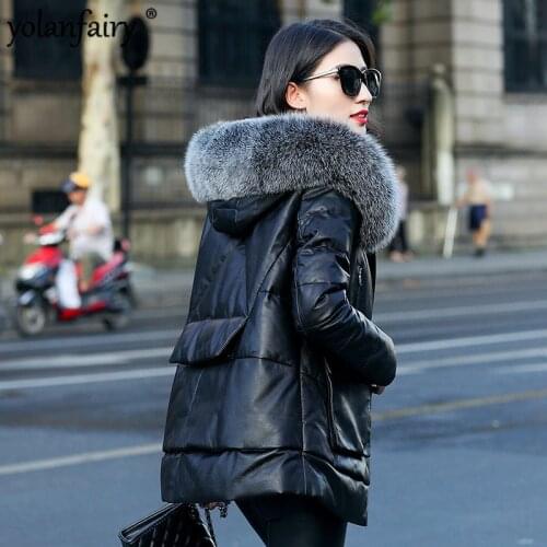 Genuine Leather Jacket Women Fox Fur Hooded Winter Clothes Real Sheepskin Down Coat Warm Jackets Veste Femme ZM-069 KJ3134