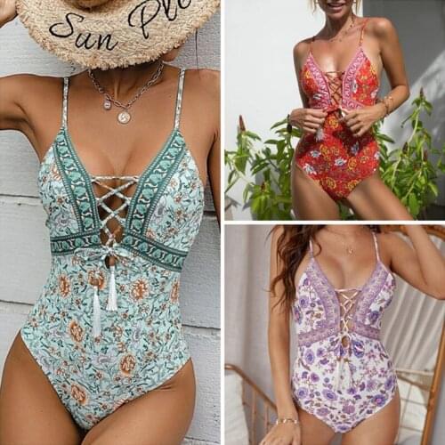 Micendy Floral Print Swimwear Women One Piece Bathing Suits Tassel Swimsuit Push Up Summer Hollow Out Backless Monokinis Bandage