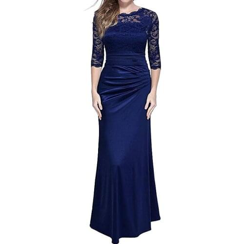 Womens Retro Floral Lace Vintage Mother Of The Bridal Dress 2/3 Sleeve Slim Ruched Wedding Guest Maxi Dress YSAN312