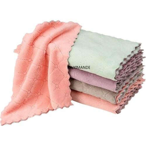 1/5pcs Cheaper Double-layer Absorbent Double-sided Thick Coral Fleece Household Scouring Pad Dish TowelLazy Rag