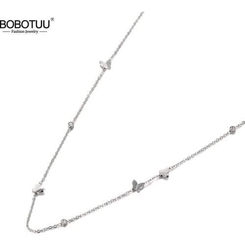 BOBOTUU Trendy Stainless Steel Butterfly CZ Crystal Choker Necklace Jewelry Lovely Pendant Chain Necklace For Women Girl BN19119