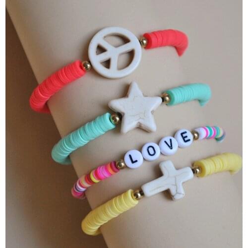 Colored Soft Clay Slice Bracelet for Women Female Turquoise Star Geometry Hand String Love Letter Cross Bracelets for Girl Gifts