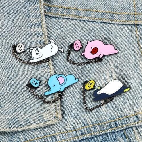 Cute Sleeping Animal Metal Chain Brooch Penguin Elephant Pig Cat Enamel Pins Shirt Jackets Lapel Pin Cartoon Badge Jewelry Gift