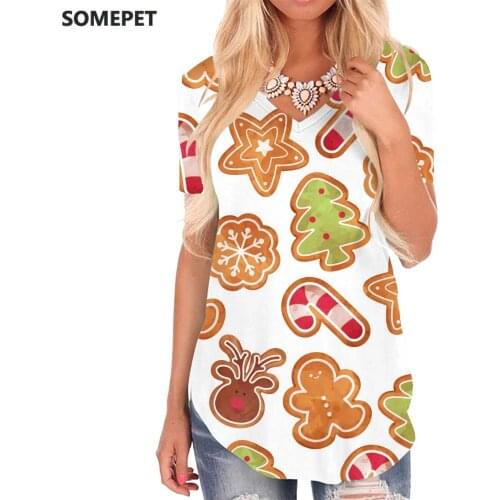 SOMEPET Christmas T-shirt women Painting Shirt Print Pattern Tshirts Printed Art V-neck Tshirt Womens Clothing Summer Loose