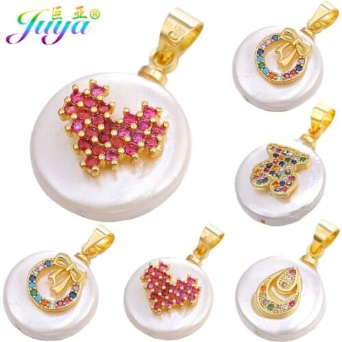 Juya Micro Pave Multicolor Crystals Love Animal Christmas Bell Pattern Shell Pearl Pendant Charms For Fashion Jewelry Making