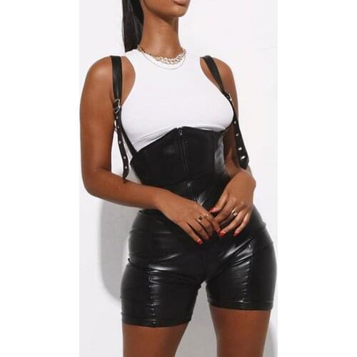 Puloru Women’s Suspender Short Pants Fashion Black PU Leather High-waist Zip Up Overalls Bottoms Sexy Push Up Bodycon Shorts