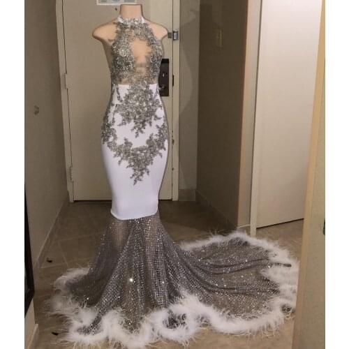 Beautifulinwhite Silver Feather Prom Dresses 2019 Sexy Mermaid See Through Lace Beads Feathers Formal Evening Party Gowns DP0467