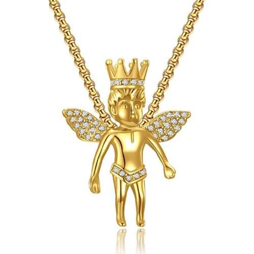 Stainless Steel Cz Stone Hip Hop Angel Baby Wings Pendant Necklace Fashion Jewelry Gift For Him with Chain