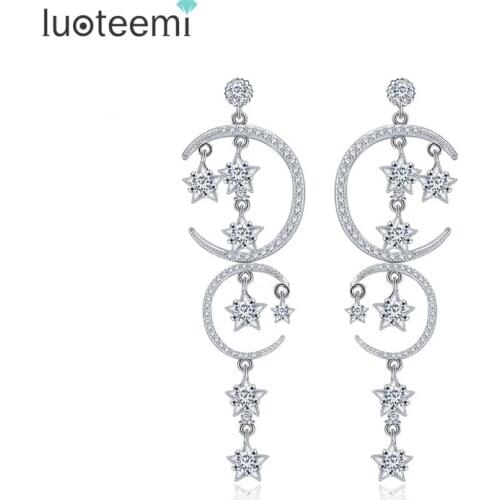LUOTEEMI New Hot Selling Star and Double Moon Brincos Micro Paved CZ Crystal Loneg Drop Earrings Jewelry for Women Pendientes