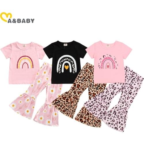 Ma&Baby 1-6Y Summer Kid Girl Clothes Set Rainbow Print T Shirt Leopard Flare Pants Outfits Costumes DD15