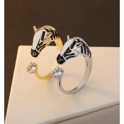 Fashion Gold Color Zircon Crystal Ring Animal Shape Zebra Ring Horse Head Opening Adjustable Party Rings for Women Girls