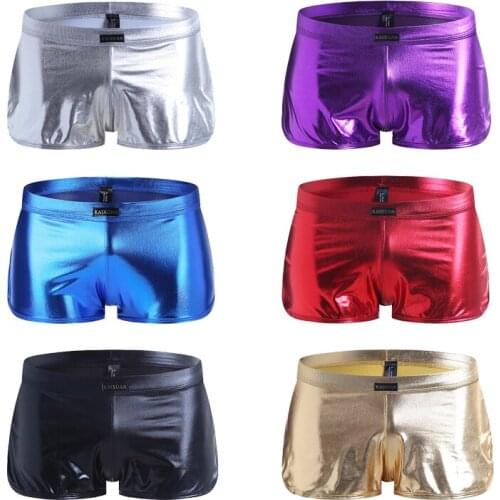 Mens panties patent leather low-waist imitation leather sexy underwear sexy U convex pocket boxer boxer shorts comfortable