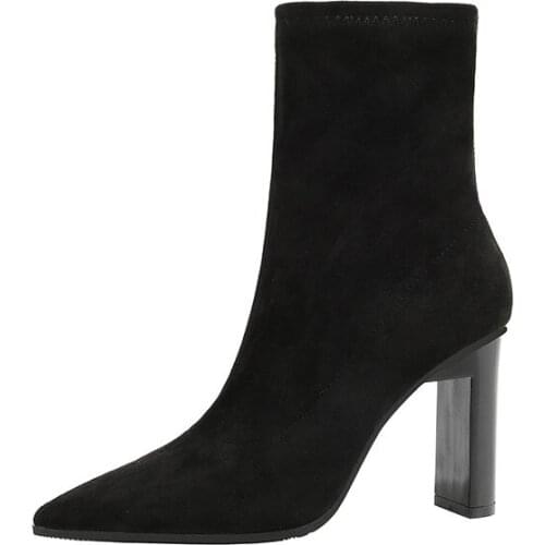 Anti-skid chunky heel mid-calf sock boots scrub flock pointed toe stretch slip on Chelsea booties brief women single botas mujer