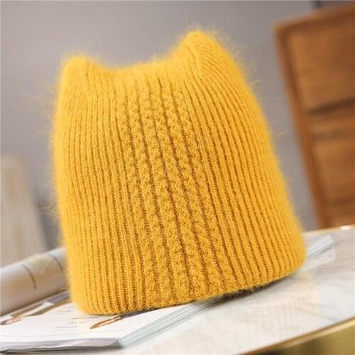 2021 New Women Winter Warm Hats Girl Sweet Rabbit Fur Ear Beanie Hats Quality Solid Color Cap Fashion Knitting Cap For Female