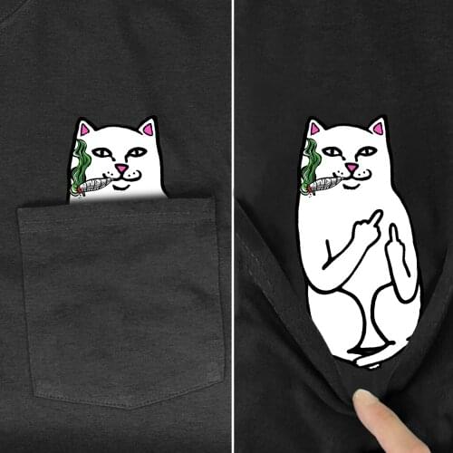 New Brand Pocket Cat Cartoon Print T-shirt Funny Tees Harajuku Summer Casual Cotton Women/Men NewFashion Shirts Shortsleeve S-2