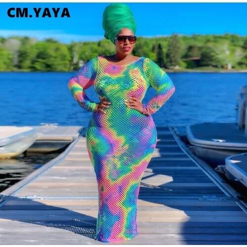 CM.YAYA Tie Dye Gauze See Though Long Sleeve Women Maxi Dress Sexy Beach Night Party Bodycon Bandage Long Midi Dresses