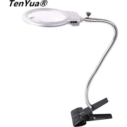 TenYua Folding Lighted Magnifier Clip-on Table Top Desk LED Lamp Reading 2.5x 5x Large Lens Magnifying Glass with Clamp