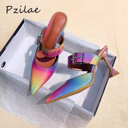 Pzilae women mules shoes high heels rainbow pumps sexy ladies slip on pointed toe shoes patent leather buckle strap pumps new