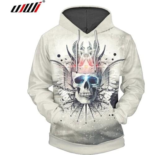 UJWI White Hoodies Fashion Cool 3D Print Metal Crown Skull Sweatshirt Hoody Regular Hip Hop Hooded Pullovers Coats