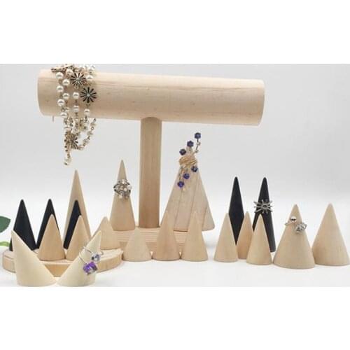Vintage Natural Unpainted Wood Finger Cone Ring Holder Jewelry Display Stand Storage Rack Practical
