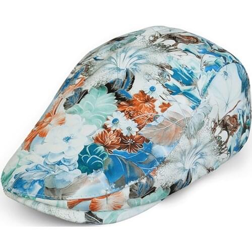 New 2020 Women Hat Real Leather Print Flat Cap Sheepskin Leather Flower British Vintage Designer Brand Autumn Winter Beret Hat