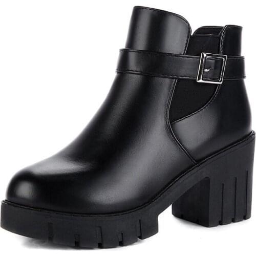 2020 Women Boots Vintage Platform Autumn Winter Martin boots Block Heel Short Booties Slip on Sexy Buckle Shoes Woman