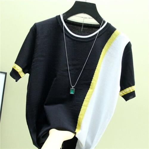 Women Elasticity Pullovers Sweaters Knitted Short Sleeve Loose Sweater Mujer Korean Fashion O-Neck Thin Top Female Summer Black