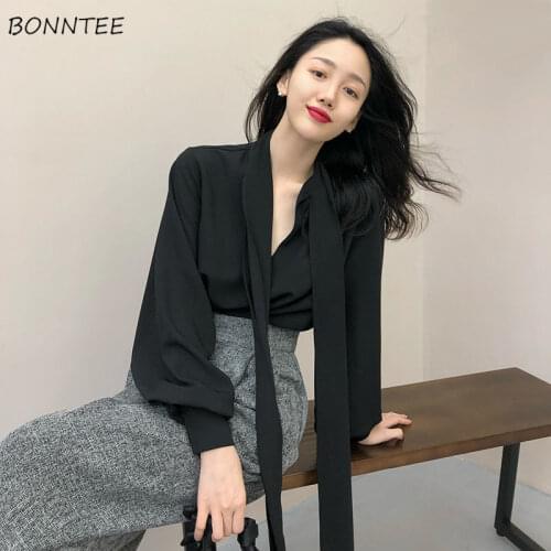 Shirts Women Lace-up Solid Elegant Oversized Long Sleeve Top Teens Vintage Daily Spring V-Neck Ins Lantern Sleeve Retro College