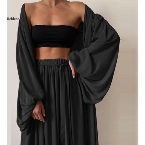 Women 3 Piece Sets Homewear Fashion Casual Lantern Sleeve Cardigan Tops+Wide Leg Pants Suits Lady Spring Soft Three Piece Outfit