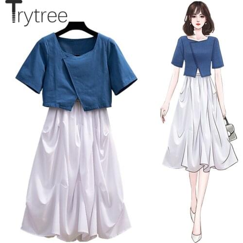 Trytree 2021 Summer Women Two Piece Set Casual Square Collar Short Tops + Skirt Elastic Waist A-line Solid Romantic 2 Piece Set