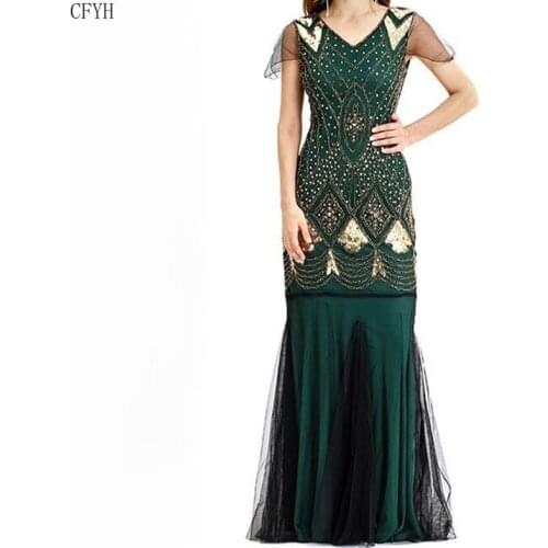 Women 1920s Great Gatsby Dress Long 20s Flapper Dress Vintage V Neck Short Sleeve Maxi Party Dress for Prom Cocktail
