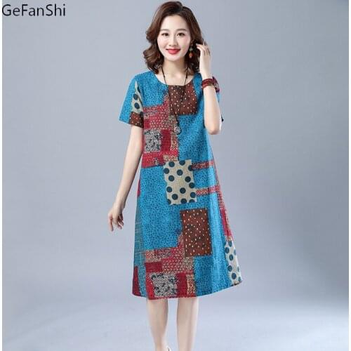 2021 Print Cotton Linen Short Sleeve Dress Summer Plus Size Print Vintage Dress Elegant Women Dresses Vestidos