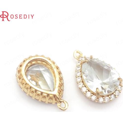 39976)6PCS 13x20MM 24K Champagne Gold Color Brass with Zircon Drop Shape Charms Pendants Jewelry Making Supplies Diy Findings