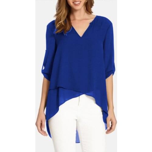 Blouse Women Plus Size Solid Color Women V Neck 3/4 Sleeve Irregular Cross Hem Blouse Top